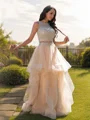 A-Line/Princess Tulle Beading Scoop Sleeveless Floor-Length Two Piece Dresses
