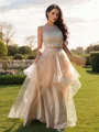A-Line/Princess Tulle Beading Scoop Sleeveless Floor-Length Two Piece Dresses
