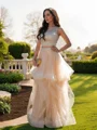 A-Line/Princess Tulle Beading Scoop Sleeveless Floor-Length Two Piece Dresses