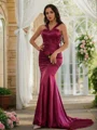 Sheath/Column Silk like Satin Ruched Halter Sleeveless Sweep Train Dresses
