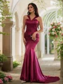 Sheath/Column Silk like Satin Ruched Halter Sleeveless Sweep Train Dresses