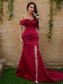 Sheath/Column Satin Ruched Off-the-Shoulder Sleeveless Sweep Train Dresses