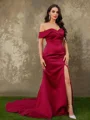 Sheath/Column Satin Ruched Off-the-Shoulder Sleeveless Sweep Train Dresses