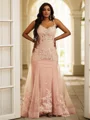 Sheath/Column Tulle Applique Straps Sleeveless Sweep Train Dresses