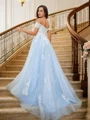 A-Line/Princess Tulle Applique Off-the-Shoulder Sleeveless Sweep Train Dresses