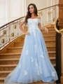 A-Line/Princess Tulle Applique Off-the-Shoulder Sleeveless Sweep Train Dresses
