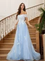 A-Line/Princess Tulle Applique Off-the-Shoulder Sleeveless Sweep Train Dresses