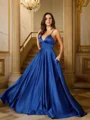 A-Line/Princess Satin Ruffles V-neck Sleeveless Sweep Train Dresses