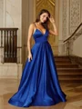 A-Line/Princess Satin Ruffles V-neck Sleeveless Sweep Train Dresses
