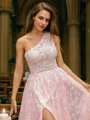 A-Line/Princess Lace Ruffles One-Shoulder Sleeveless Sweep Train Dresses
