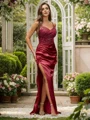 Sheath/Column Silk Like Satin Beading V-neck Sleeveless Sweep Train Dresses