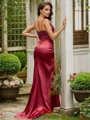 Sheath/Column Silk Like Satin Beading V-neck Sleeveless Sweep Train Dresses