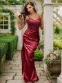 Sheath/Column Silk Like Satin Beading V-neck Sleeveless Sweep Train Dresses