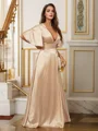 A-Line/Princess Silk like Satin Ruched V-neck Short Sleeves Floor-Length Dresses
