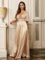 A-Line/Princess Silk like Satin Ruched V-neck Short Sleeves Floor-Length Dresses