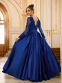 A-Line/Princess Satin Lace V-neck Long Sleeves Floor-Length Dresses