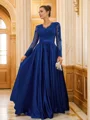 A-Line/Princess Satin Lace V-neck Long Sleeves Floor-Length Dresses
