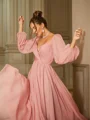 A-Line/Princess 30D Chiffon Ruched V-neck Long Sleeves Floor-Length Dresses