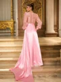 A-Line/Princess Silk like Satin Ruched V-neck Long Sleeves Sweep Train Dresses