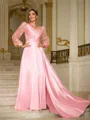 A-Line/Princess Silk like Satin Ruched V-neck Long Sleeves Sweep Train Dresses