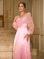 A-Line/Princess Silk like Satin Ruched V-neck Long Sleeves Sweep Train Dresses
