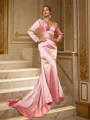 Sheath/Column Silk like Satin Ruched V-neck Long Sleeves Sweep Train Dresses