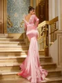 Sheath/Column Silk like Satin Ruched V-neck Long Sleeves Sweep Train Dresses