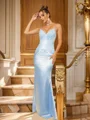 Sheath/Column Silk Like Satin Applique V-neck Sleeveless Floor-Length Dresses