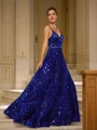 A-Line/Princess Velvet Sequins Paillette V-neck Sleeveless Sweep Train Dresses