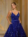 A-Line/Princess Velvet Sequins Paillette V-neck Sleeveless Sweep Train Dresses