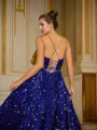 A-Line/Princess Velvet Sequins Paillette V-neck Sleeveless Sweep Train Dresses