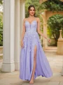 A-Line/Princess Tulle Applique V-neck Sleeveless Floor-Length Dresses