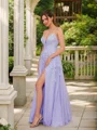 A-Line/Princess Tulle Applique V-neck Sleeveless Floor-Length Dresses