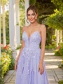 A-Line/Princess Tulle Applique V-neck Sleeveless Floor-Length Dresses