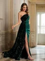 Sheath/Column Velvet Sequins Ruched One-Shoulder Sleeveless Floor-Length Dresses