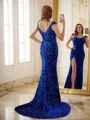 Sheath/Column Velvet Sequins V-neck Sleeveless Court Train Dresses