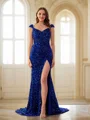 Sheath/Column Velvet Sequins V-neck Sleeveless Court Train Dresses