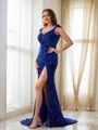 Sheath/Column Velvet Sequins V-neck Sleeveless Court Train Dresses
