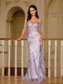 Sheath/Column Satin Lace Off-the-Shoulder Sleeveless Sweep Train Dresses
