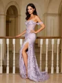 Sheath/Column Satin Lace Off-the-Shoulder Sleeveless Sweep Train Dresses