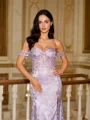 Sheath/Column Satin Lace Off-the-Shoulder Sleeveless Sweep Train Dresses