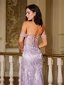Sheath/Column Satin Lace Off-the-Shoulder Sleeveless Sweep Train Dresses