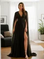 A-Line/Princess 30D Chiffon Ruched V-neck Long Sleeves Floor-Length Dresses
