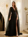 A-Line/Princess 30D Chiffon Ruched V-neck Long Sleeves Floor-Length Dresses