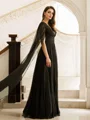 A-Line/Princess 30D Chiffon Ruched V-neck Long Sleeves Floor-Length Dresses