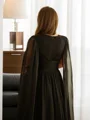 A-Line/Princess 30D Chiffon Ruched V-neck Long Sleeves Floor-Length Dresses