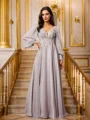 A-Line/Princess 30D Chiffon Applique V-neck Long Sleeves Floor-Length Dresses