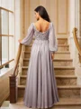 A-Line/Princess 30D Chiffon Applique V-neck Long Sleeves Floor-Length Dresses