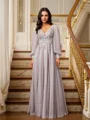 A-Line/Princess 30D Chiffon Applique V-neck Long Sleeves Floor-Length Dresses