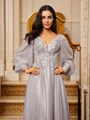 A-Line/Princess 30D Chiffon Applique V-neck Long Sleeves Floor-Length Dresses